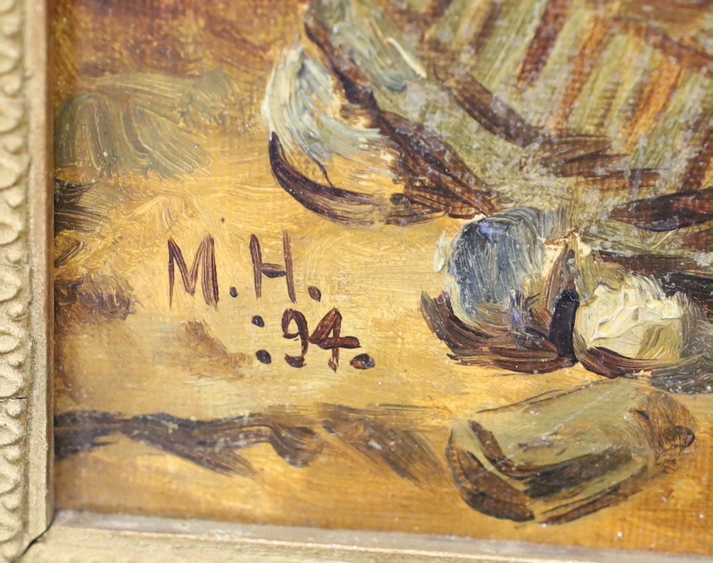 M.H., oil on board, Fishermen in a sea cave, initialled and dated '94, 28 x 38cm